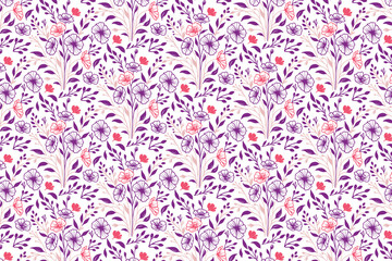 abstract seamless sketch floral, trendy outline cotton flower, fashion wrapping paper repeat, hand drawn one line textile, pillow cover modern fabric art, nature inspired print design, stylish texture