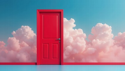 Vibrant Red Door Against Soft Pink Clouds and Blue Sky in a Dreamy Interior Setting