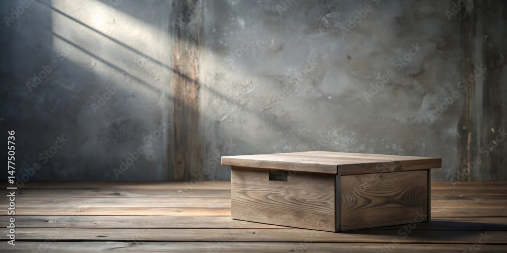 Aufkleber rustic wooden box on weathered planks with sunlight streaming through a window