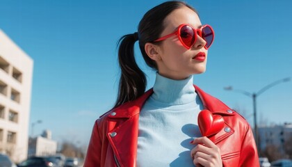 Young Woman in Red Heart Sunglasses Holding a Heart Shape in Urban Setting with Blue Sky