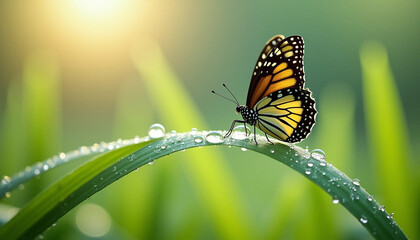 Monarch butterfly rests on a dewy grass blade in the warm morning sun.