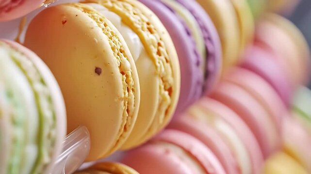 Close Up of Multicolored Macarons Yellow Purple Pink and Green Stacked on Top of Each Other in Blurred Background