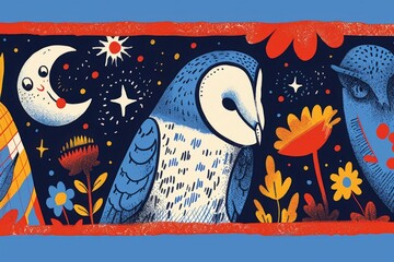 Obraz premium Colorful owl illustration featuring nature and cosmic elements in a whimsical design at night