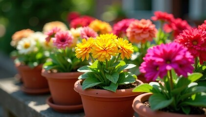 Close-up of colorful flowers blooming in terracotta pots, sunny garden scene , plants, outdoor