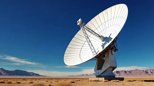 Large white satellite dish antenna standing in a desert landscape under clear blue sky with mountains in the background during daylight

