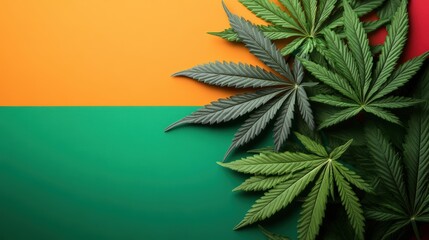 Cannabis leaves are displayed against a vibrant backdrop of orange, green, and red colors in a still life.