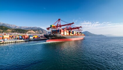 Obraz premium massive msc cargo ship loaded with colorful containers at bustling port cranes in action against stunning coastal mountain backdrop global trade and logistics scene