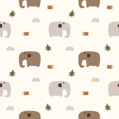 Elephant gray and brown cartoon so cute. On tree cloud log background. Pattern seamless vector illustration.