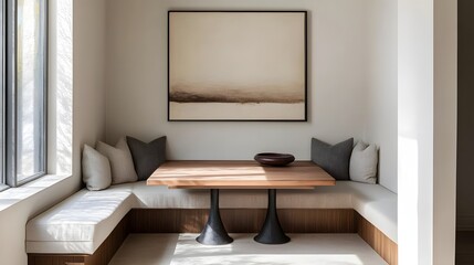 27. A modern dining nook with a built-in bench, soft cushions, and a single piece of wall art for decor