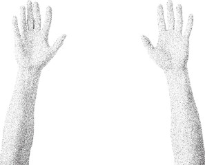 Black and White Xerox Effect Vector Illustration of Two Hands Raised Up in Celebration Protest or Voting Concept Grainy Texture High Contrast Monochrome Ideal for Prints Posters Social Media Graphics