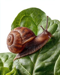 Close-up of a snail resting on a fresh green leaf, showcasing its natural texture and detail