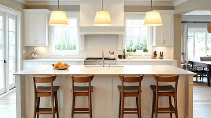 23. A kitchen island with a clean white surface, wooden barstools, and a trio of pendant lights above