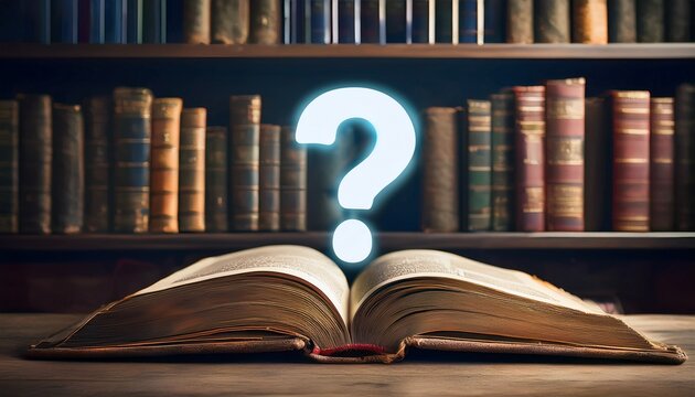 old book in library with question mark upon
