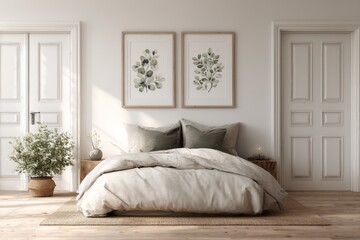 Bedroom interior with bed pillows framed art plant doors and wooden floor.