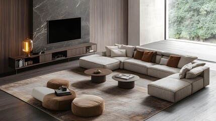 21. A stylish living room with an oversized modular sofa, soft rugs, and a minimal entertainment unit