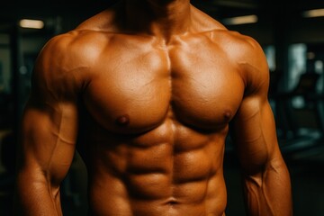 Fototapeta premium Muscular bodybuilder showing his perfect body in a gym