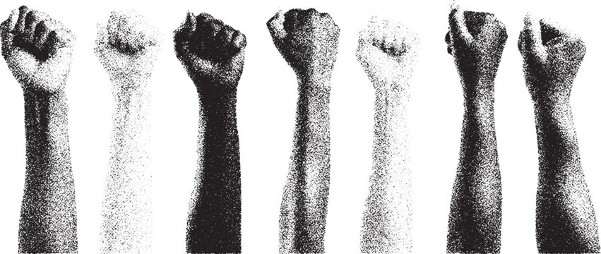 Black and White Xerox Effect Raised Hands with Clenched Fists Diverse Group of People United in Protest Struggle for Rights Vector Illustration Grainy Texture Social Justice Symbol Concept of Power