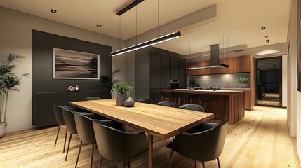 Fototapeta premium 18. A modern dining room with a wooden table, sleek black chairs, and a statement linear chandelier