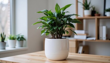 Indoor plant in a modern white pot on a wooden table.