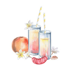 Glasses of juice, grapefruit and grapefruit slice, frangipani flowers, shells. Isolated watercolor illustration for restaurant menu design, interior decoration, weddings, poster printing.