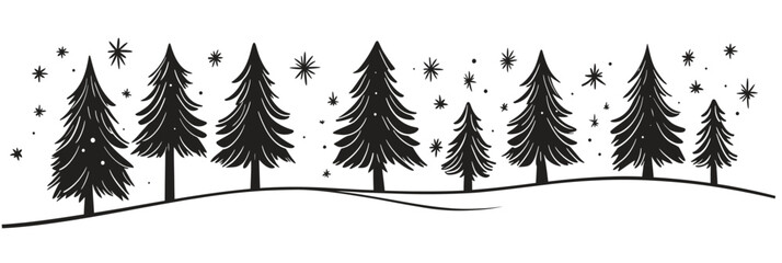 Minimalist black silhouette pine tree landscape with rolling hills and decorative star shapes winter forest vector illustration isolated on white background
