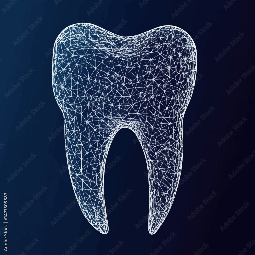 Poster futuristic polygonal wireframe tooth structure with interconnected white mesh lines on dark backgrou