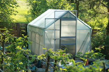 A greenhouse is surrounded by trees and bushes