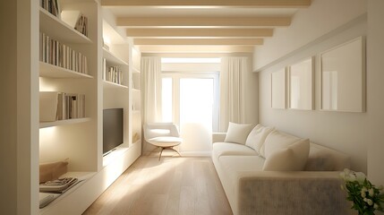 15. A bright and airy studio apartment with open shelving, neutral decor, and a cozy seating area