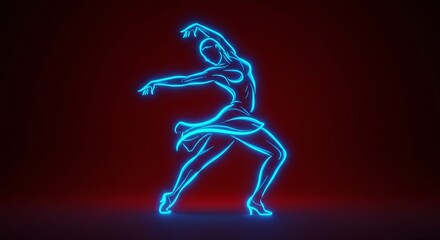 A neon blue silhouette of a woman dancing on a dark red background. The figure is in motion, with arms raised and legs extended.