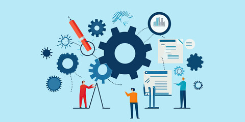 Fototapeta premium Business team collaboration and project management with interconnected gears, charts, documents, and data analysis in flat vector design illustration