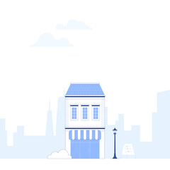 Suburb city street with apartments houses and shop buildings horizontal background. City view with house facades. Abstract architecture modern cityscape panorama. Vector illustration in flat style