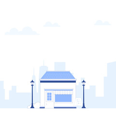 Suburb city street with apartments houses and shop buildings horizontal background. City view with house facades. Abstract architecture modern cityscape panorama. Vector illustration in flat style