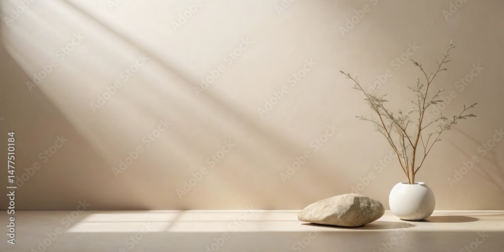 Poster serene minimalist still life sunlight illuminates a smooth stone and dried branches in a simple whit