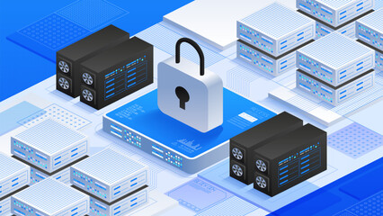 Online data security. Secure servers, padlock icons, and interconnected data elements, advanced cybersecurity measures, privacy and protection of digital information. Isometric vector illustration