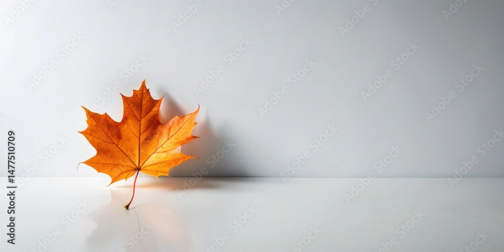 Poster a single autumn leaf resting on a smooth, white surface against a clean, minimalist background