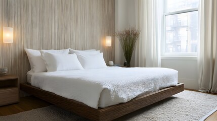 2. A modern bedroom featuring a low-profile bed, white linens, and a textured accent wall in neutral tones