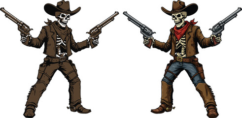 Skeleton Cowboy Duel Western Undead Gunslingers Vector Illustration