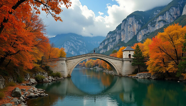 Autumn splendor at the ancient Konitsa stone bridge over a tranquil river.