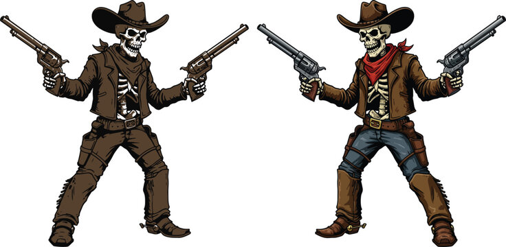 Skeleton Cowboy Duel Western Undead Gunslingers Vector Illustration
