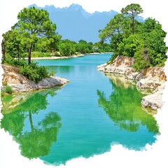 Vibrant Turquoise River Landscape with Lush Green Trees and Reflections