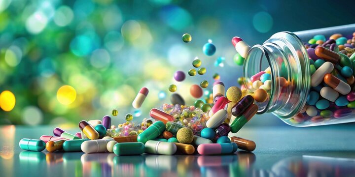 A vibrant cascade of assorted medication capsules spills from a clear glass container onto a reflective surface, set against a softly blurred, colorful backdrop.