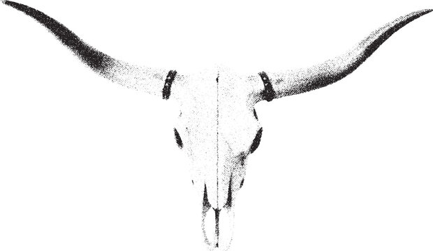 Black and White Xerox Effect Vector Illustration of a Longhorn Bull Skull with Large Horns Western Graphic Design Element for Branding Apparel Posters and More Stippled Texture Vintage Style Isolated