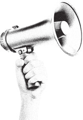 Black and White Xerox Effect Vector Illustration of Hand Holding Megaphone Announcement Communication Protest Speech Public Speaking Marketing Advertising Campaign Social Media Vintage Retro Style
