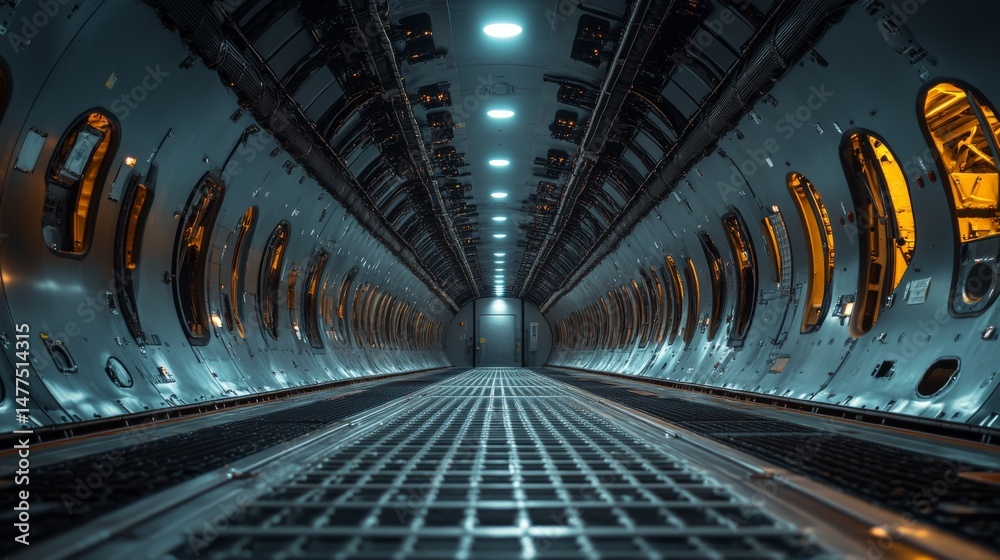 Poster The view inside a spacious aircraft fuselage showcases intricate engineering, highlighting the structure's design and functionality during aerospace construction tasks.