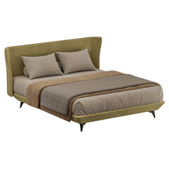 A bed with a brown and white blanket and two pillows