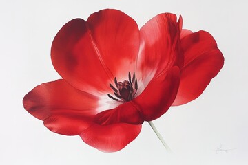 A red tulip with smooth, silky petals and a vibrant center, captured against a white backdrop