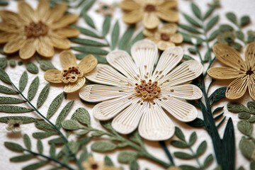 Delicate paper flowers and green leaves intricately crafted, showcasing artistic skill and vibrant color tones for decorative purposes