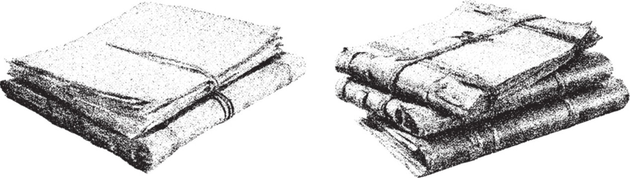 Black and white xerox effect vector illustration of stacked old books tied with string vintage retro style library archive study research wisdom knowledge monochrome stippled textured design element
