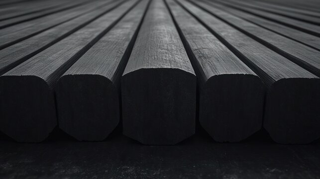 Dark, close-up view of multiple parallel, octagonal wooden beams
