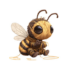 A cartoon bee tangled in yarn like a kitten, isolated with white background.